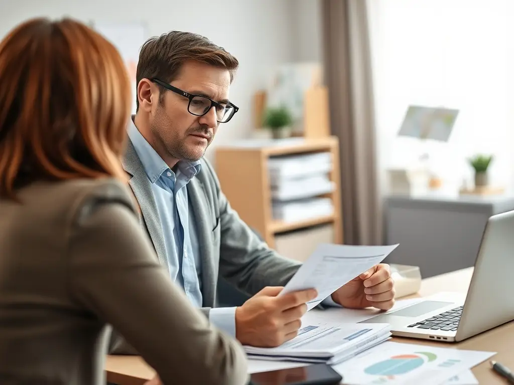 A professional accountant reviewing tax documents in a well-lit office, symbolizing meticulous tax preparation.