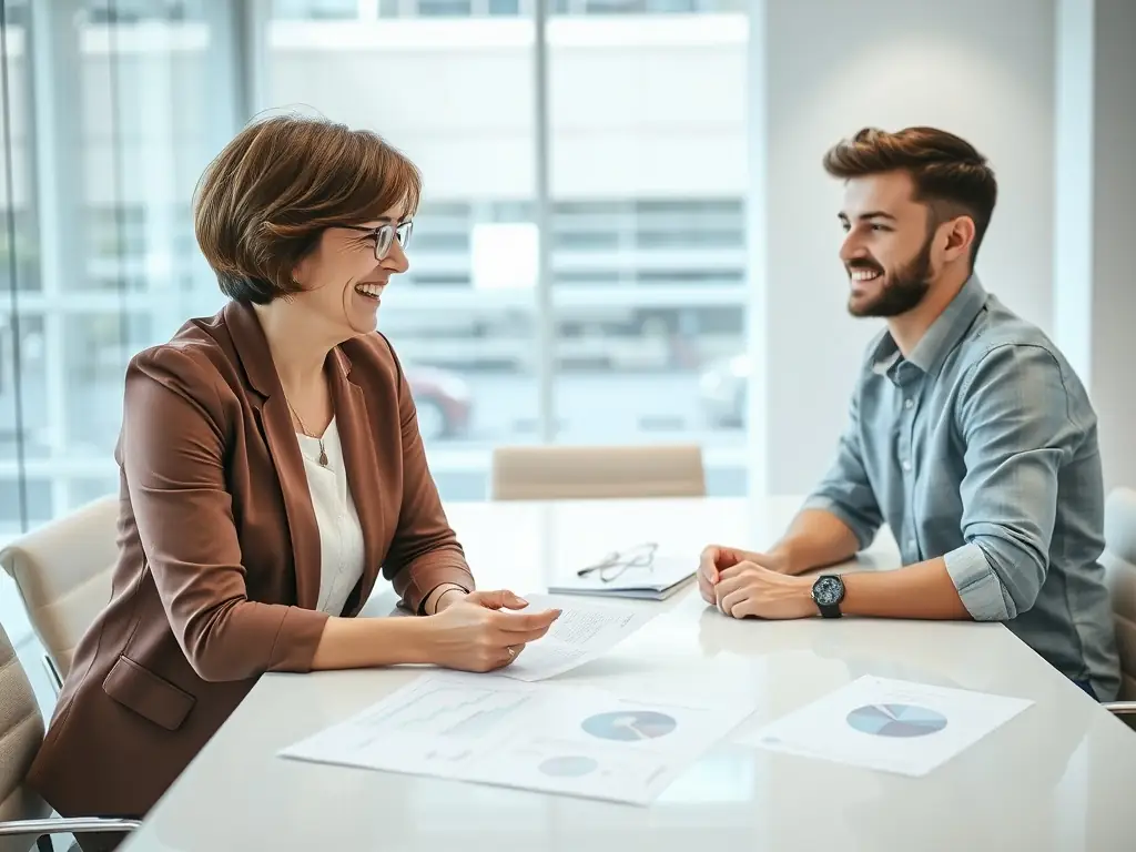 A business owner discussing tax strategies with Jennie Brown, EA, in a modern office setting.